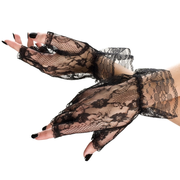 Black Wrist Length Lace Fingerless Gloves - Picture 2 of 4